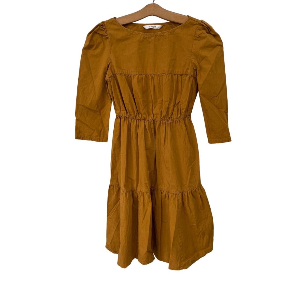eShakti Mustard Yellow Tiered Dress Cotton Knee Length 3/4 Sleeve Womens 2